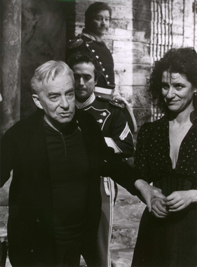 Herbert von Karajan rehearsing Carmen with Agnes Baltsa as Carmen, José Carreras as Don José and an extra.