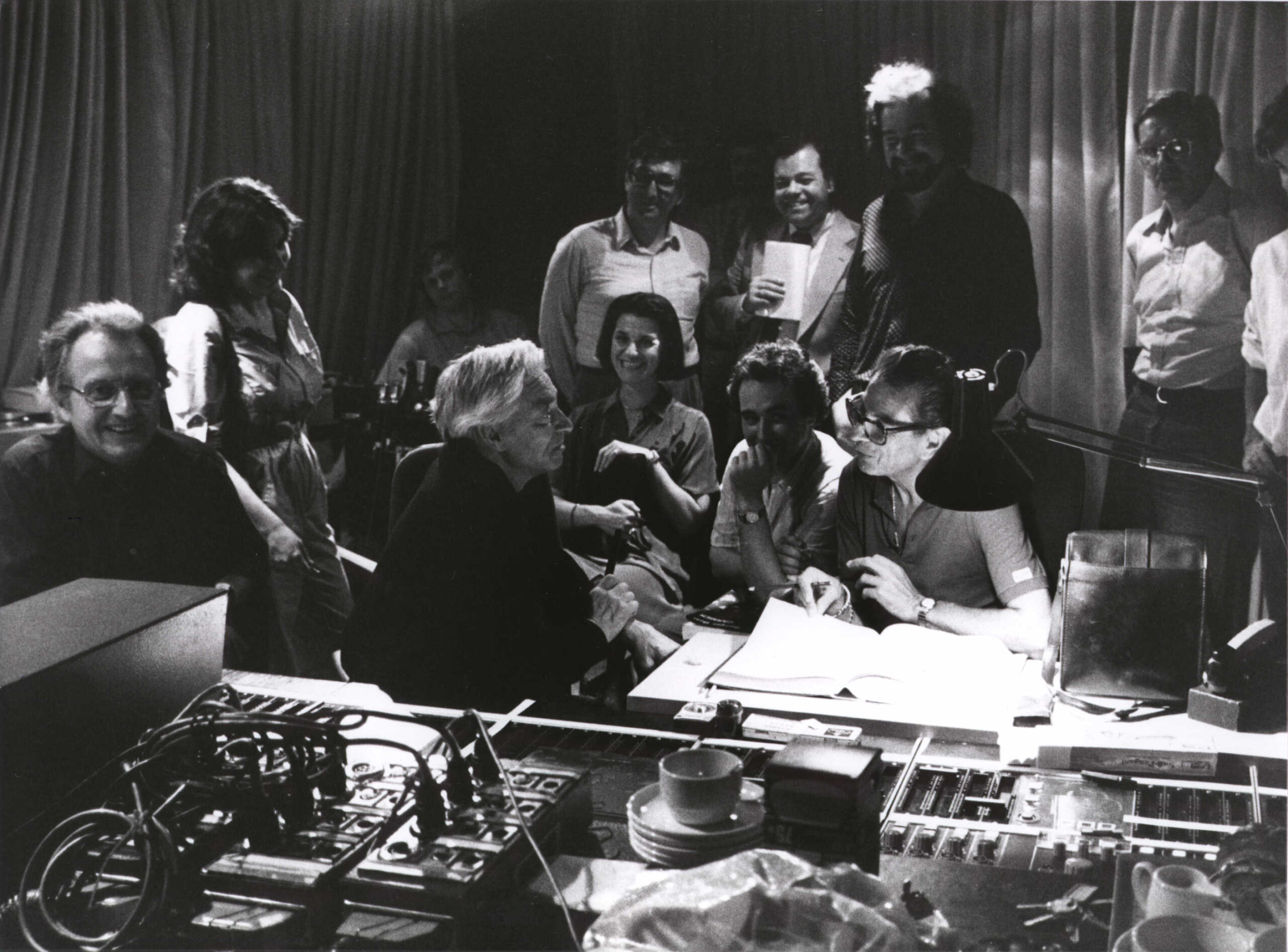 Herbert von Karajan with Agnes Baltsa, José Carreras, Michel Glotz, Heinz Zednik, Alexander Malta and others during Carmen recording sessions.