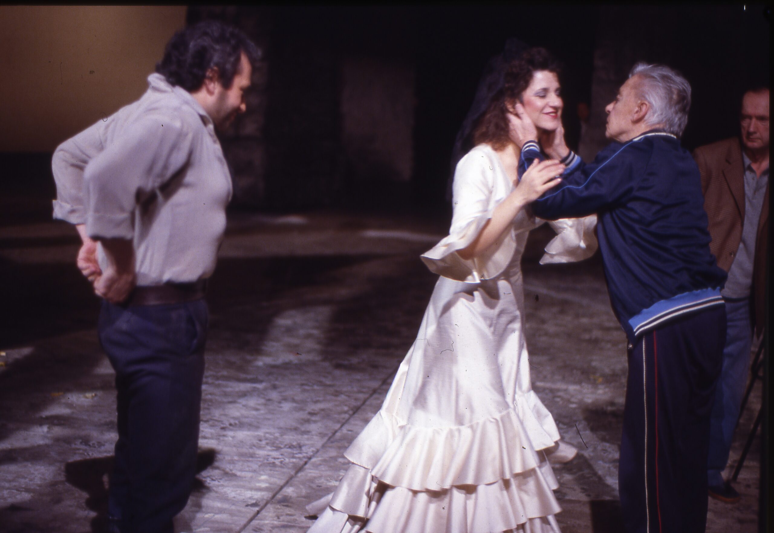 Herbert von Karajan in a tracksuit rehearsing Carmen with José Carreras as Don José and Agnes Baltsa as Carmen.
